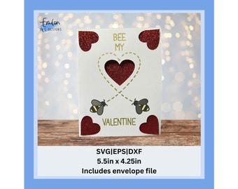 Bee My Valentine Insert Card SVG archivo de corte / Cricut Joy Compatible Valentine's Day Insert Card con abejas y corazones recortados