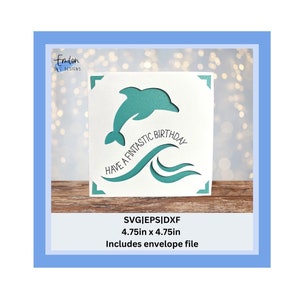 Have a Fintastic Birthday insert card SVG with a dolphin and waves cut out | 2x2 card mat compatible | S40 birthday card SVG, eps, dxf