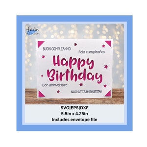 Tarjeta de inserción de feliz cumpleaños SVG con diferentes idiomas / Plantilla de tarjeta de inserción compatible con Joy / Tarjeta de cumpleaños SVG, eps, dxf