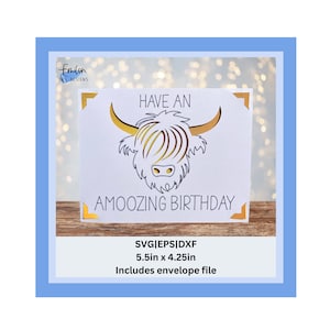 Tenha um cartão SVG de inserção de aniversário Amoozing com vaca das montanhas | Modelo de cartão de inserção compatível com Joy | Cartão de aniversário SVG, eps, dxf