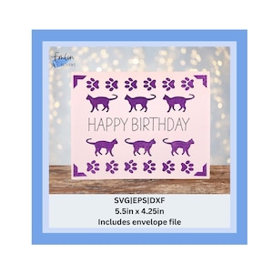 Joyeux anniversaire chat et pattes insérer carte SVG | Modèle de carte d’insertion compatible Joy | Carte d’anniversaire chat SVG, eps, dxf