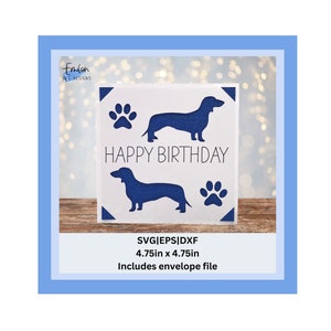 Cartão de inserção de feliz aniversário SVG com recortes de cachorro e pata dachshund | Cartão de inserção compatível com tapete de cartão 2x2 | Cartão de aniversário S40 SVG, eps, dxf