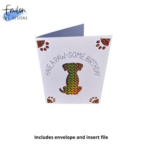 May include: White card with a holographic dog and the text "Have a paw-some birthday".