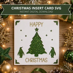 God jul-insatskort SVG-klippfil med pingviner och träd | Kompatibel med 2x2-kortmatta S40-insatskort | Fyrkantigt julkort SVG