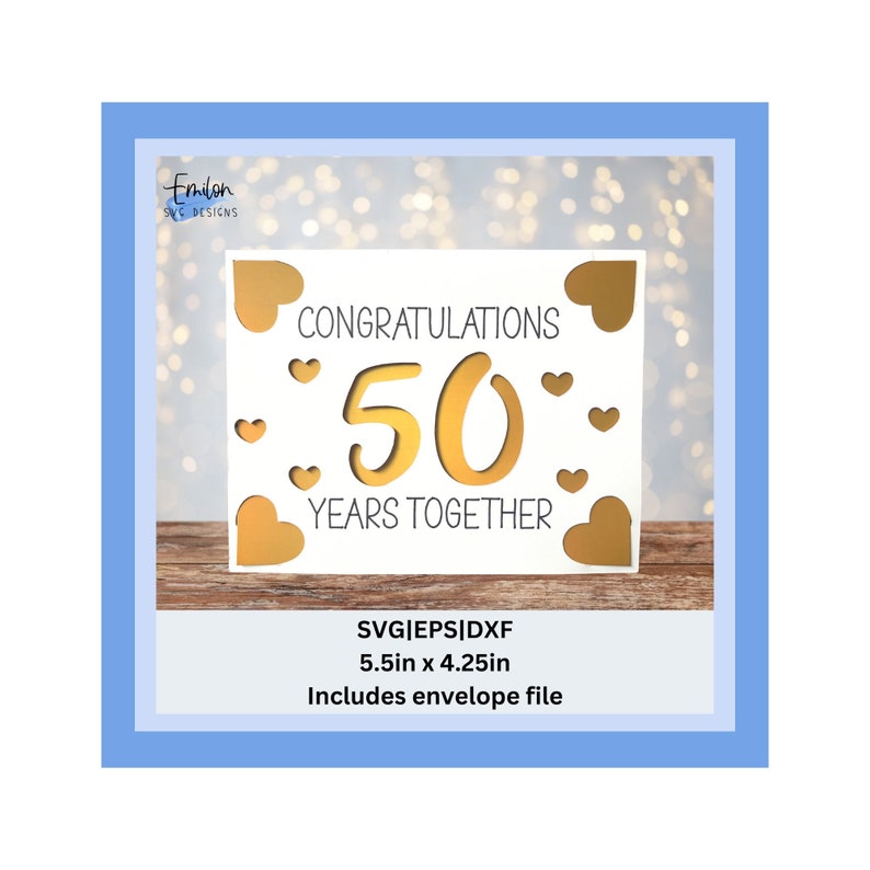 Puede incluir: Una tarjeta blanca con corazones dorados y el texto "Congratulations 50 Years Together". La tarjeta mide 5,5 pulgadas por 4,25 pulgadas e incluye un archivo de sobre.