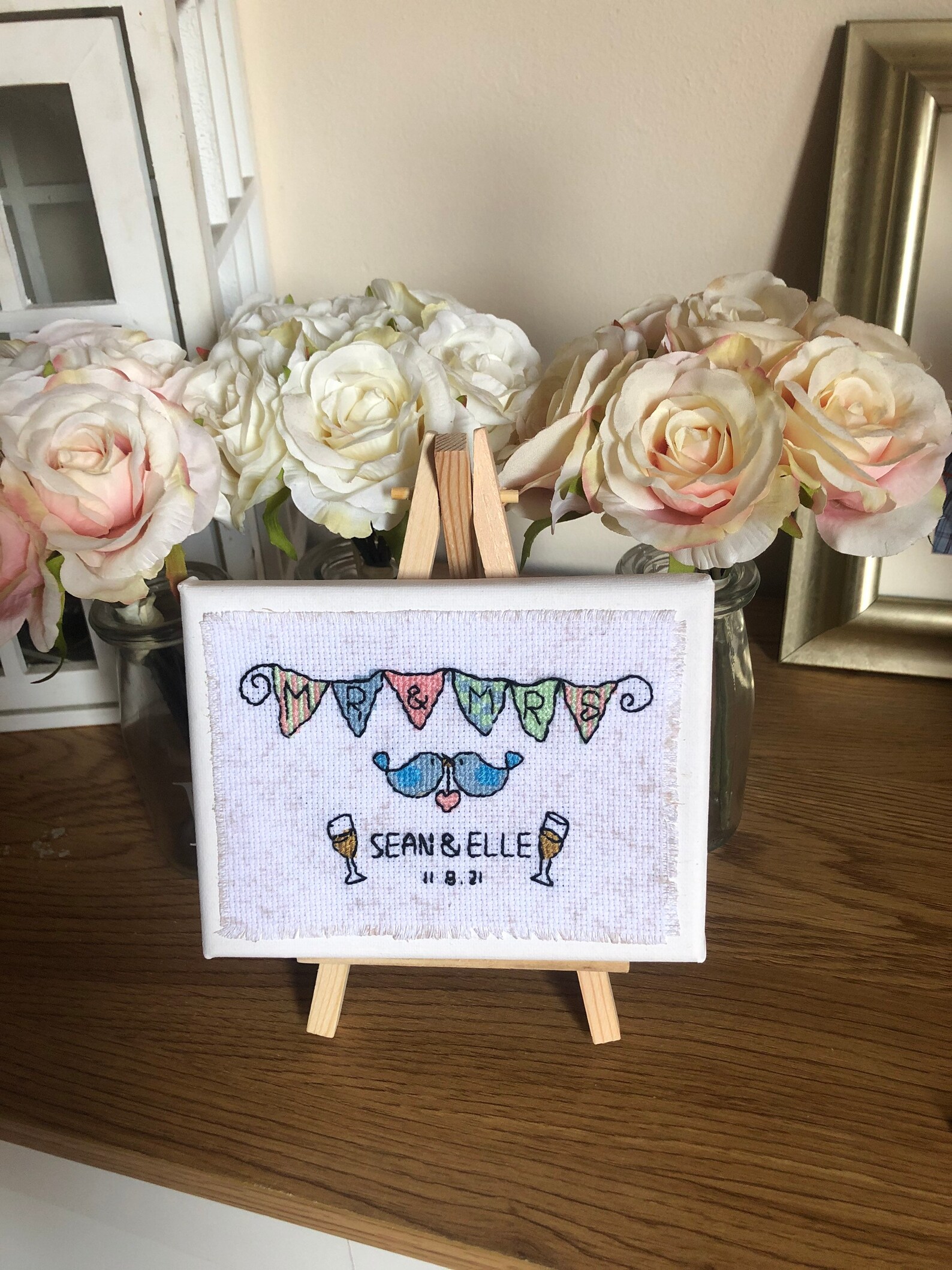 Custom Wedding Cross Stitch With Easel Etsy