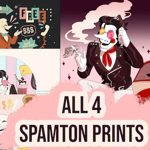 CONJUNTO COMPLETO DE 4 - Impressões de arte foscas 5x7/Postais - Coleção Spamton Deltrarune dos anos 50