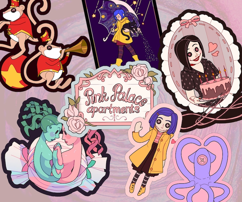May include: A collection of colorful stickers featuring illustrations of characters and scenes. Designs include a girl in a yellow coat, a pink octopus, circus monkeys, and the text "Pink Palace apartments."