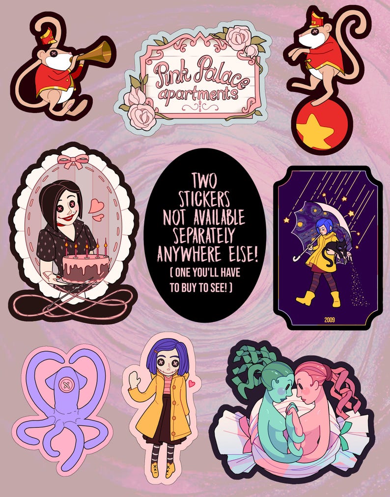 May include: A collection of colorful stickers featuring cartoon characters and illustrations. Designs include a monkey in a circus outfit, a pink sign with the text "Pink Palace apartments", and a girl holding a cake. The text "TWO STICKERS NOT AVAILABLE SEPARATELY ANYWHERE ELSE!" is also present.