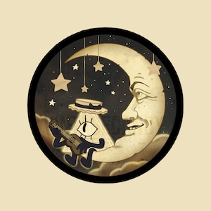 May include: A black and white illustration of a crescent moon with a smiling face. A triangle with an eye and a hat is playing a ukulele in front of the moon. The image is set against a dark background with stars.