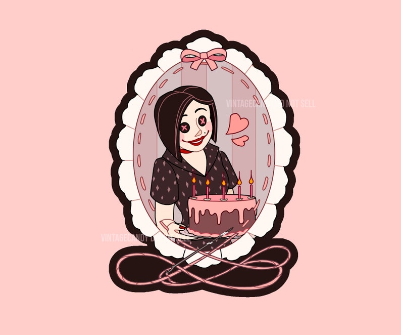 May include: Illustration of a character holding a layered pink cake with lit candles. The character has dark hair, a red choker, and button eyes. The image is framed in a pink oval with a bow at the top and a pink background.
