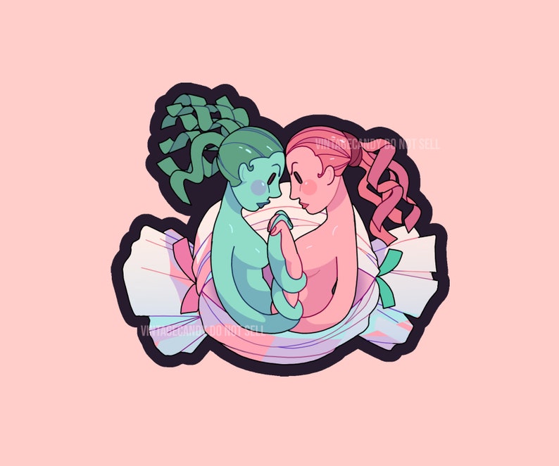 May include: Two cartoon figures, one green and one pink, are embracing inside a candy-like swirl. The green figure has green hair and the pink figure has pink hair. The figures are holding hands and looking at each other.