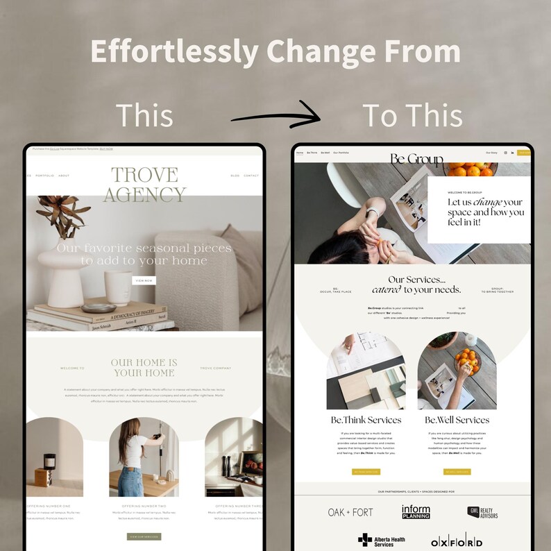 Puede incluir: Imagen comparativa de dos dise&ntilde;os web. A la izquierda, el sitio web de Trove Agency, que presenta decoraci&oacute;n del hogar de temporada. A la derecha, el sitio web de Be Group, que ofrece servicios de dise&ntilde;o de interiores. Texto: "Cambia sin esfuerzo de Esto a Esto."