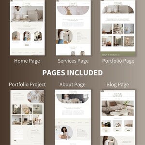 Puede incluir: Dise&ntilde;os de p&aacute;ginas web, incluyendo una p&aacute;gina de inicio, una p&aacute;gina de servicios, una p&aacute;gina de portafolio, un proyecto de portafolio, una p&aacute;gina de 'Acerca de' y una p&aacute;gina de blog. Cada p&aacute;gina presenta el logotipo "TROVE AGENCY" y texto, con un dise&ntilde;o minimalista.