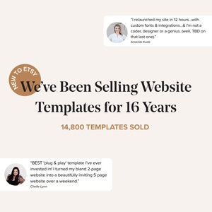Puede incluir: Gr&aacute;fico beige con el texto "We've Been Selling Website Templates for 16 Years" y "14.800 TEMPLATES SOLD." Incluye testimonios de clientes y el logotipo de Etsy.