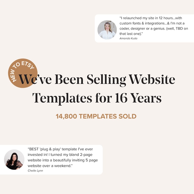Puede incluir: Gr&aacute;fico beige con el texto "We've Been Selling Website Templates for 16 Years" y "14.800 TEMPLATES SOLD." Incluye testimonios de clientes y el logotipo de Etsy.