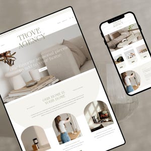 Puede incluir: Un sitio web y un smartphone muestran la p&aacute;gina de inicio de Trove Agency. El sitio web presenta el texto "Nuestras piezas de temporada favoritas para a&ntilde;adir a tu hogar". El smartphone muestra una lista de productos. El tema general es la decoraci&oacute;n del hogar.