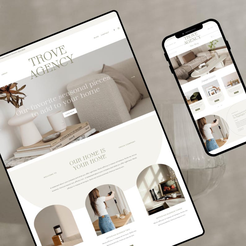 Puede incluir: Un sitio web y un smartphone muestran la p&aacute;gina de inicio de Trove Agency. El sitio web presenta el texto "Nuestras piezas de temporada favoritas para a&ntilde;adir a tu hogar". El smartphone muestra una lista de productos. El tema general es la decoraci&oacute;n del hogar.