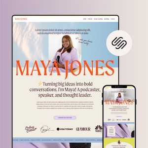 May include: A website homepage for Maya Jones, a podcaster, speaker, and thought leader. The website features a photo of Maya Jones, a quote about turning big ideas into bold conversations, and logos for USA Today, Glamour, and NBC. The website also includes a call to action to learn more about Maya Jones.
