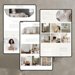 Puede incluir: Tres dispositivos digitales que muestran un dise&ntilde;o de sitio web. El sitio web presenta el texto "TROVE AGENCY" y "Our STORY". El dise&ntilde;o incluye im&aacute;genes de proyectos de dise&ntilde;o de interiores y un formulario de contacto.