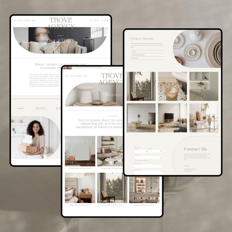 Puede incluir: Tres dispositivos digitales que muestran un dise&ntilde;o de sitio web. El sitio web presenta el texto "TROVE AGENCY" y "Our STORY". El dise&ntilde;o incluye im&aacute;genes de proyectos de dise&ntilde;o de interiores y un formulario de contacto.