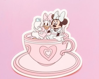 Minnie and Daisy Selfie in a Teacup Sticker | Disney Sticker | Handmade Waterproof Sticker | Mickey Sticker
