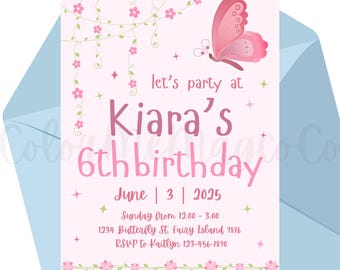 Editable Flower Birthday Invite | Girls Birthday Party | Flower Butterfly Card Digital Template