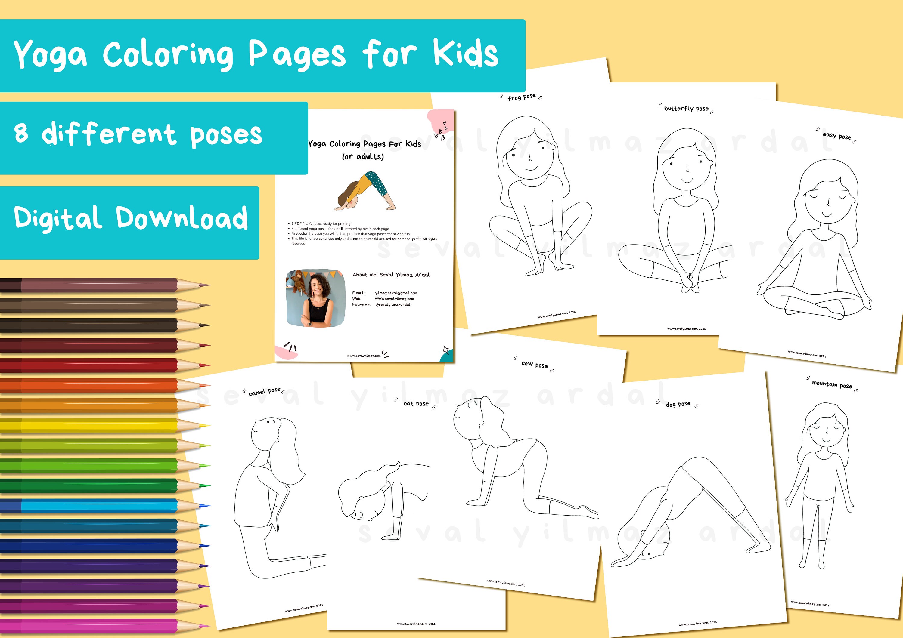 kids yoga coloring page 8 different yoga poses printable etsy