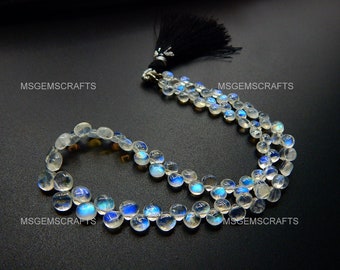 Natural Rainbow Moonstone Briolette Beads, Plain Moonstone Heart Shape Beads, Blue Flashy Moonstone Gemstone 3 To 5 mm Strand 12 Inches