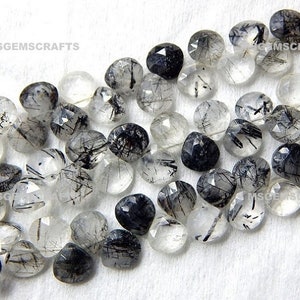 Natural Black Rutile Heart Beads, Faceted Black Rutile Briolette Beads, Black Rutile Gemstone Heart Shape 8 To 9 mm Strand 9 Inches