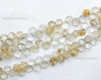 Natural Golden Rutile Heart Beads, Faceted Golden Rutile Briolette Beads, Golden Rutile Gemstone Heart Shape 7 To 8 mm Strand 6 Inches