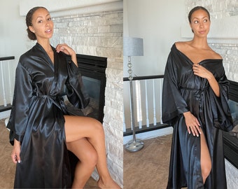 Long Satin Kimono Robe, Black Robe, Long Silk Robe, Bridal Robe, Black Silk Robe, Wide Sleeve Robe