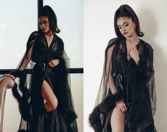 Feather Robe | Sheer Robe | Black Robe | Feather Pajamas | Robe with Fur Trim | Plus Size Lingerie | Feather Lingerie Robe