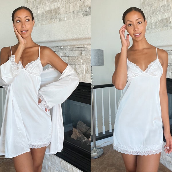 White Nightgown with Robe, Sexy Lingerie Dress, Wedding Nightgown, Satin Slip Dress, Bridal Lingerie Dress