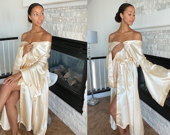 Long Satin Bridal Robe, Wedding Robe, Long Silk Robe, Bridal Robe, Gold Robe