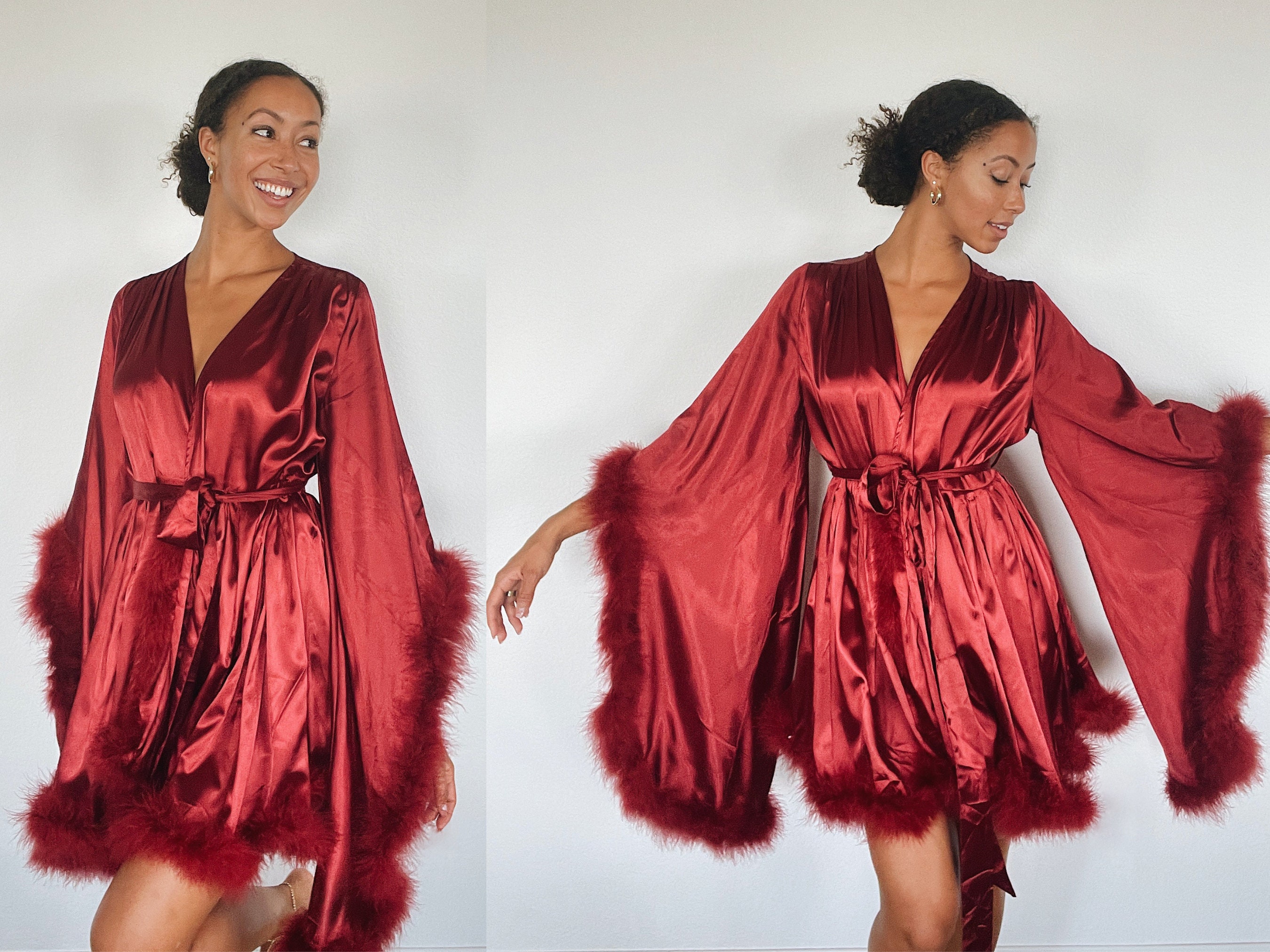 Feather Robe Lingerie Robe Wedding Robe Red Robe Silk Robe Plus