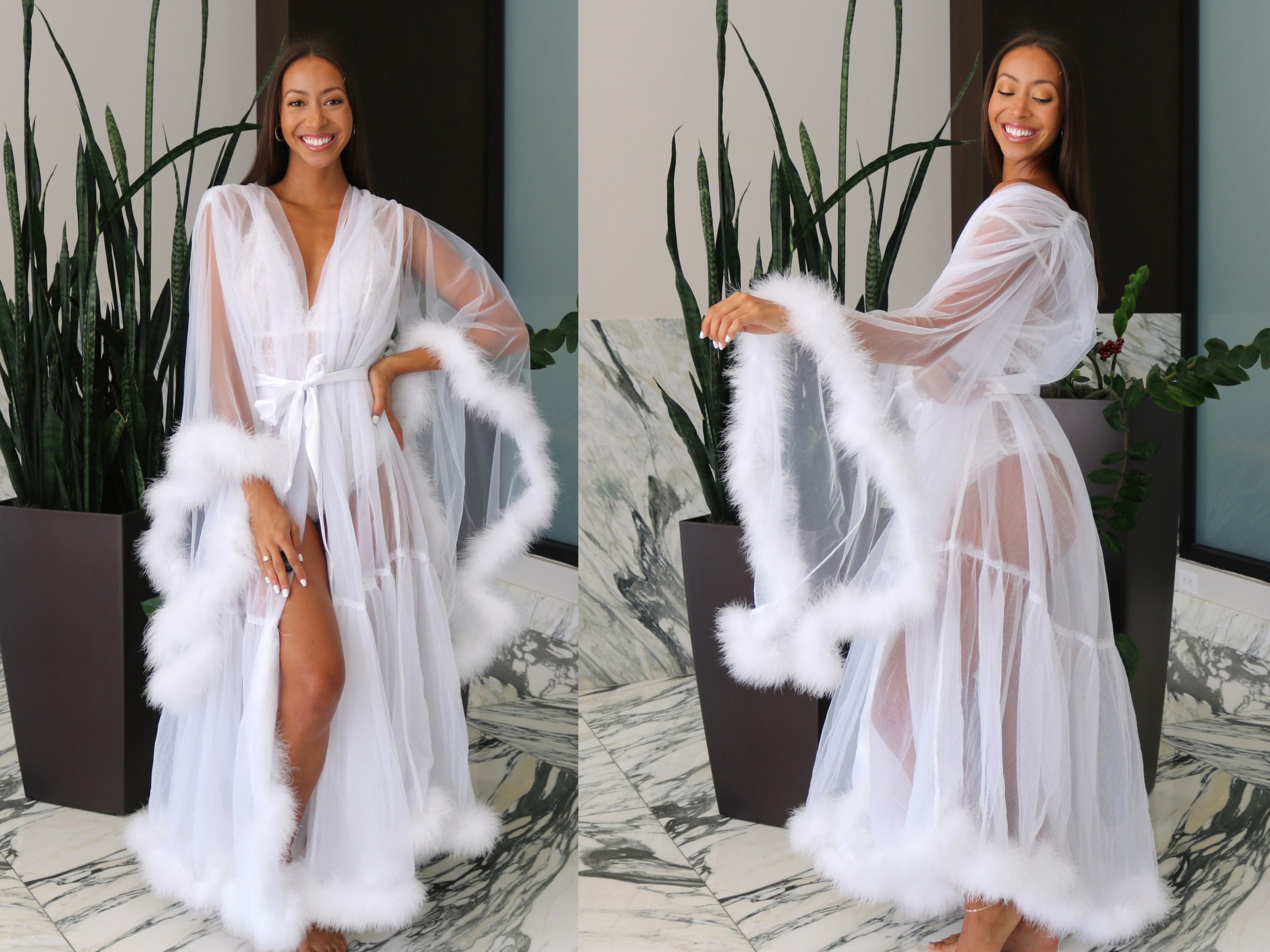 sheer silk robe with feather trim - 100% silk chiffon bridal lingerie –  Sandmaiden Sleepwear