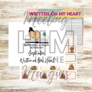 May include: A printable Bible study planner page titled Written on My Heart, featuring a graphic of two people reading a book, a small green bird, and a table for daily readings. The page includes floral and lantern illustrations and text.