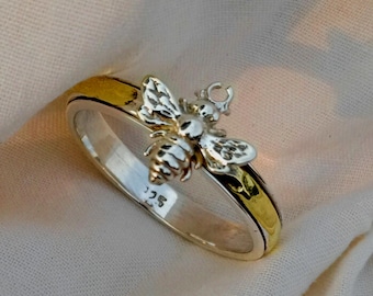 Sterling Silver Bee Spinner Ring: Gold Plated Fidget Jewelry