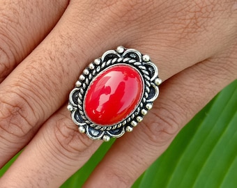 Coral Ring-handmade Ring-925 Sterling Silver Ring-oval Gemstone