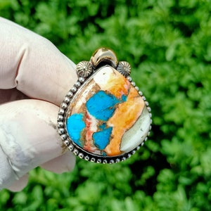 Spiny Oyster Turquoise Ring: Artisan Sterling Silver Plated Adjustable Band