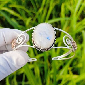 Handmade Rainbow Moonstone Bangle: 925 Sterling Silver Cuff Bracelet
