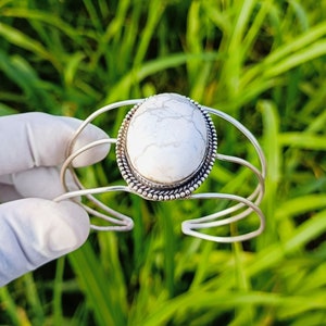 White Howlite Cuff Bracelet: Handmade 925 Sterling Silver Bangal