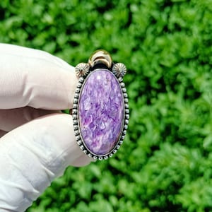 Bague charoite : plaqué argent sterling 925, bague réglable avec pierres précieuses
