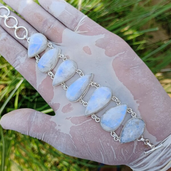 Rainbow Moonstone Bracelet: Handmade 925 Sterling Silver Adjustable Chain