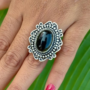 Black Onyx Ring: Handmade 925 Sterling Silver Plated, Adjustable