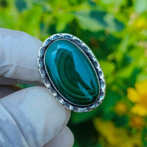 Oval Malachite Ring: Adjustable Sterling Silver Plated Band