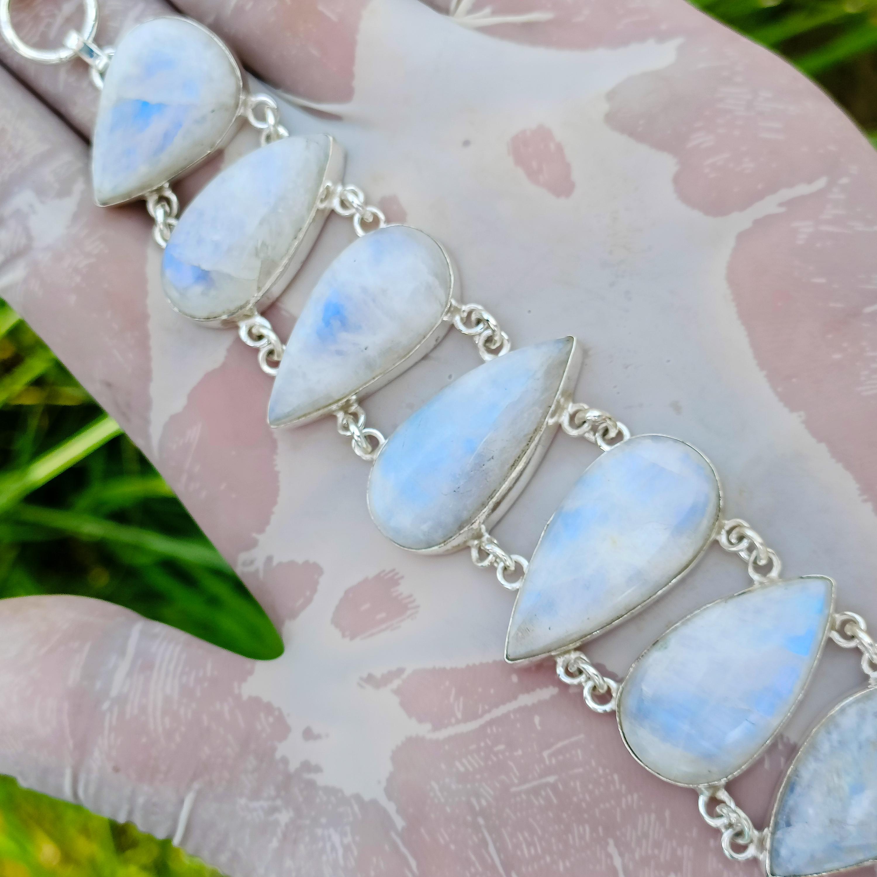 Rainbow Moonstone Bracelet, 925 Sterling Silver, Adjustable