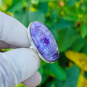 Adjustable Charoite Ring: Oval Gemstone, Sterling Silver Finish