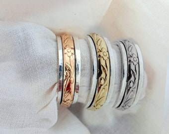Sterling Silver Plated Spinner Ring: Floral Meditation Anxiety Ring